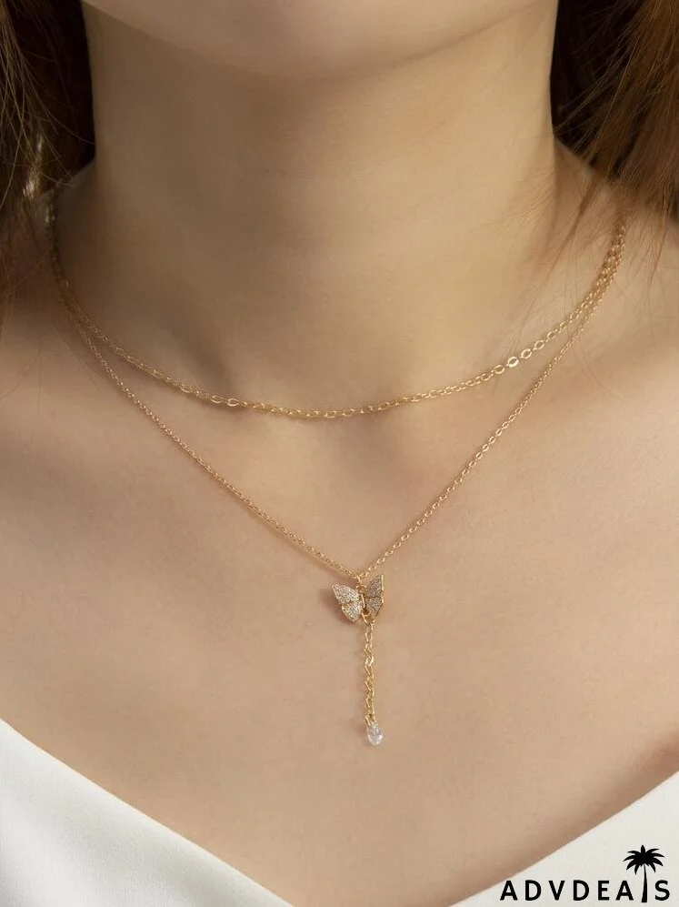 Rhinestone Butterfly Decor Layered Necklace