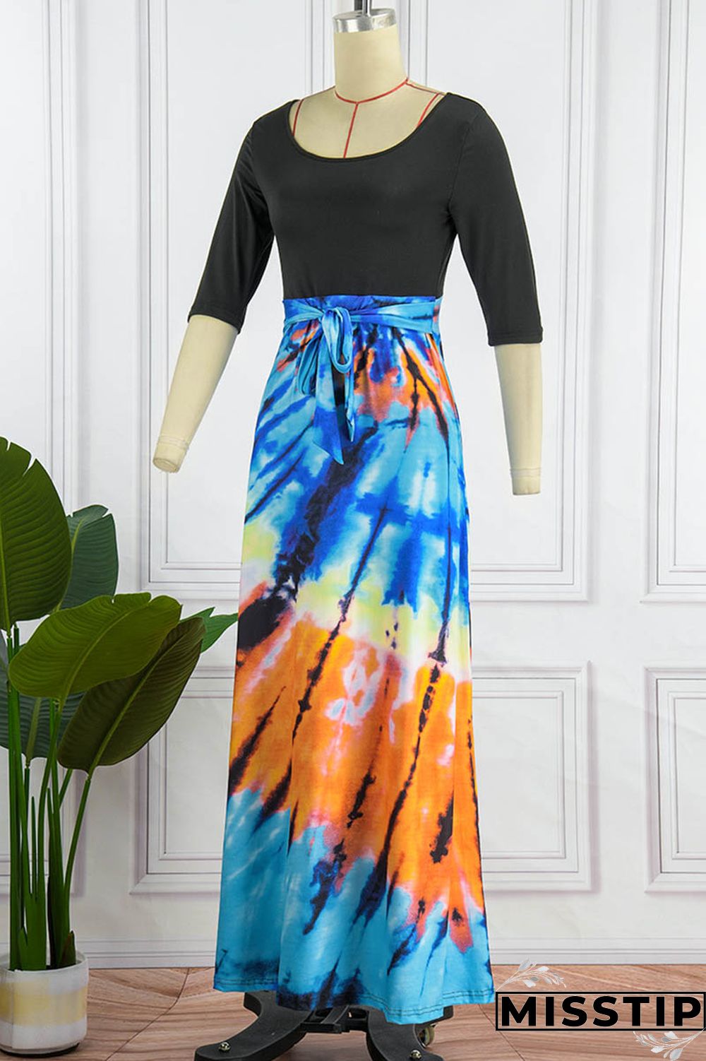 Blue Black Casual Patchwork Tie-dye O Neck Dresses