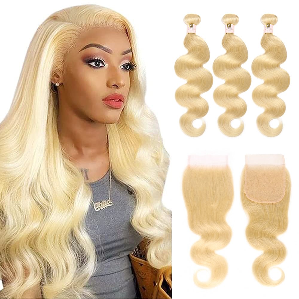 Peruvian Hair 613 Blonde Bundles with Closure Body Wave 3 Bundles with 4x4 Lace Closure Honey Blonde Color with Baby Hair Zaesvini