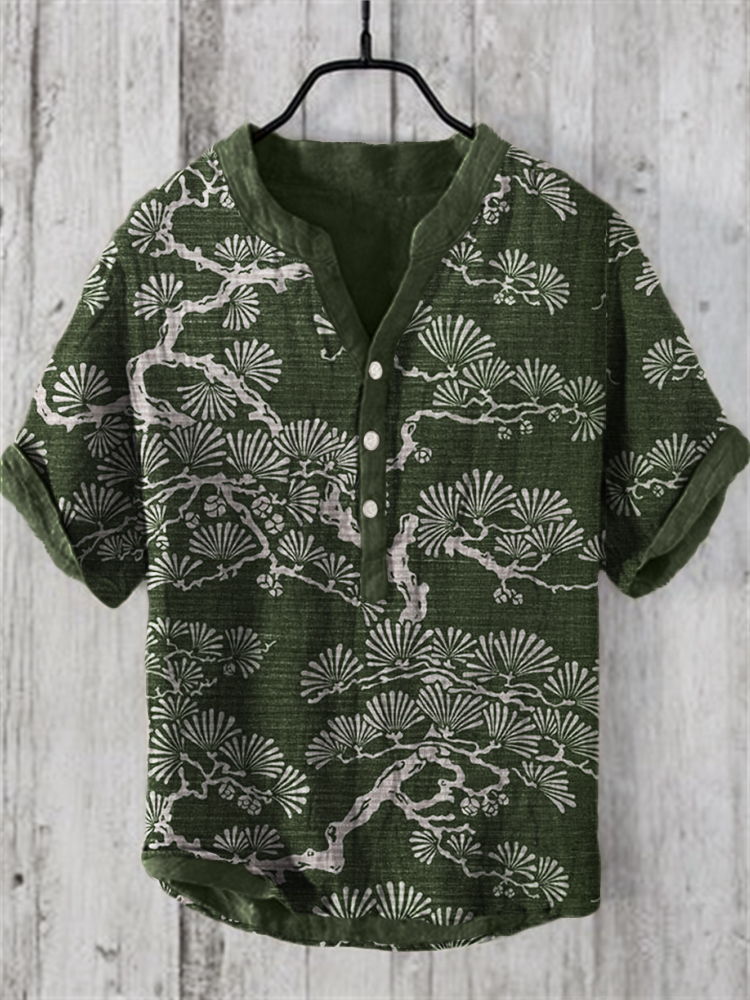 Pine Trees Japanese Lino Art Pattern Linen Blend Shirt  artssus