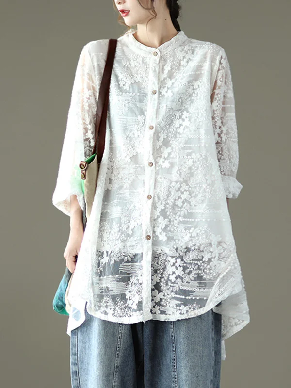 Vintage Loose Embroidered Lace Hollow Blouse