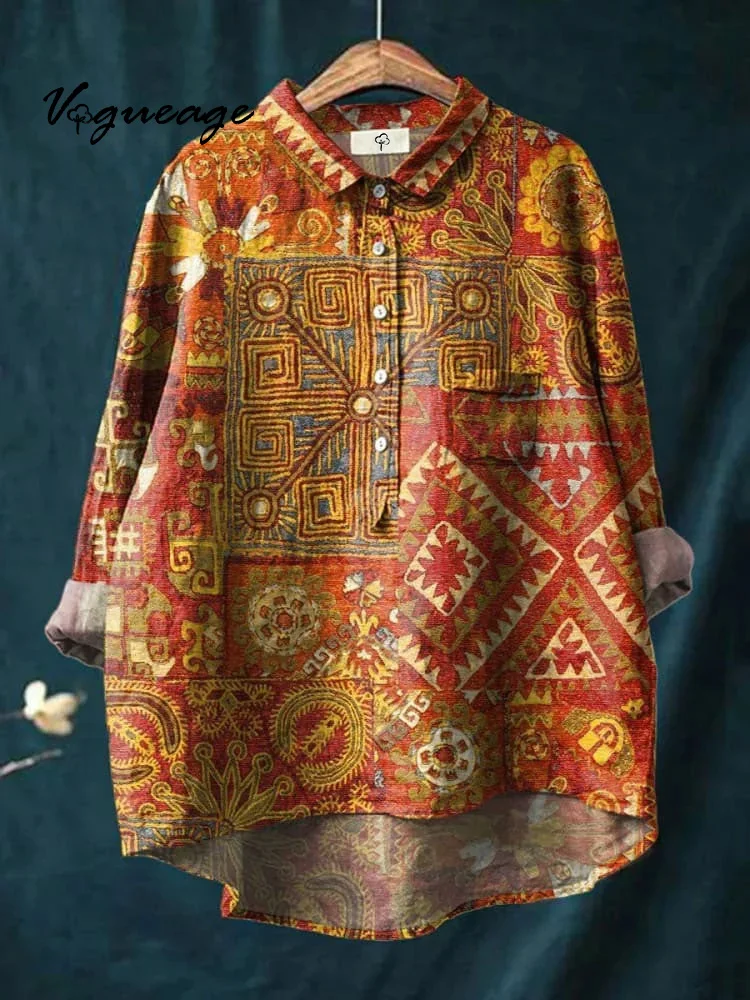 Retro And Elegant Patchwork Pattern Print Cotton And Linen Shirt