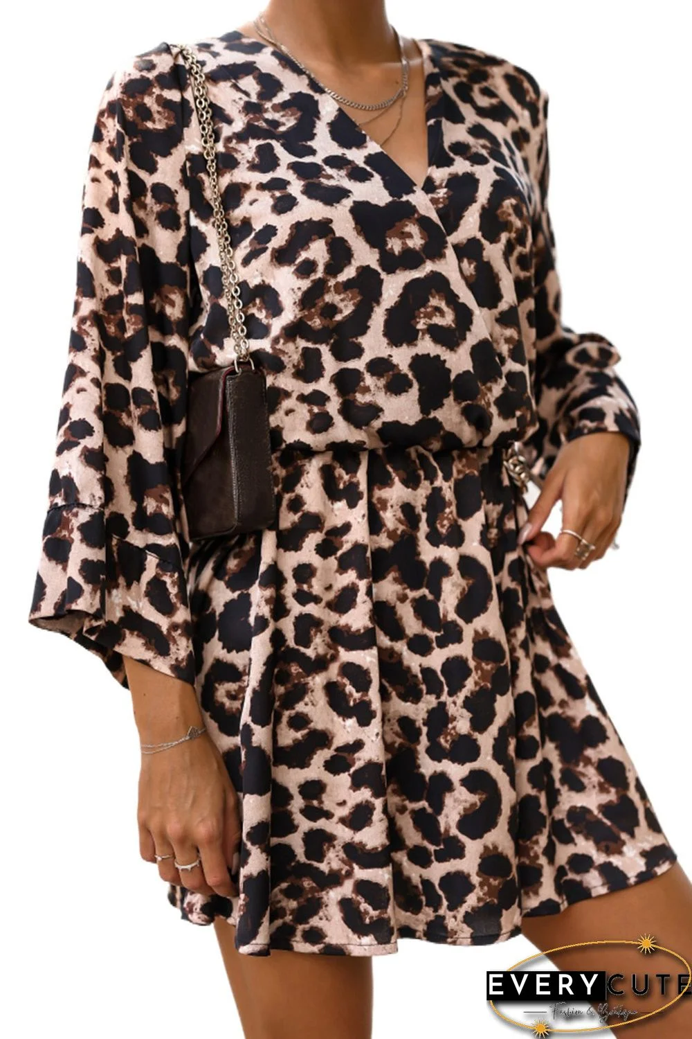 Leopard Print Wrapped V Neck Wide Sleeves Shirt Dress