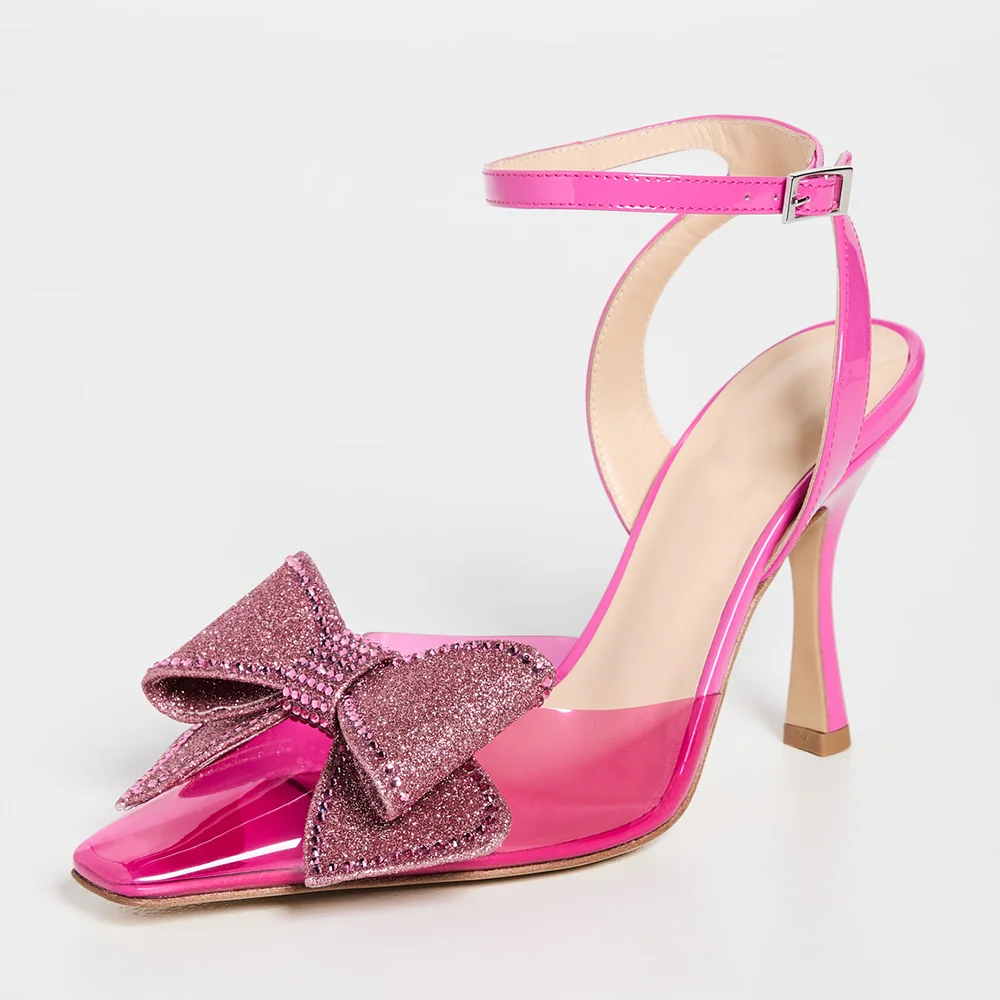 Pink Patent Leather & Clear Closed Toe Rhinestone Slingback Pumps With Stiletto Heels Nicepairs