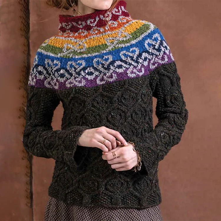 Women's Irish Celtic Knotted Contrast Jacquard Knitted Turtleneck Sweater