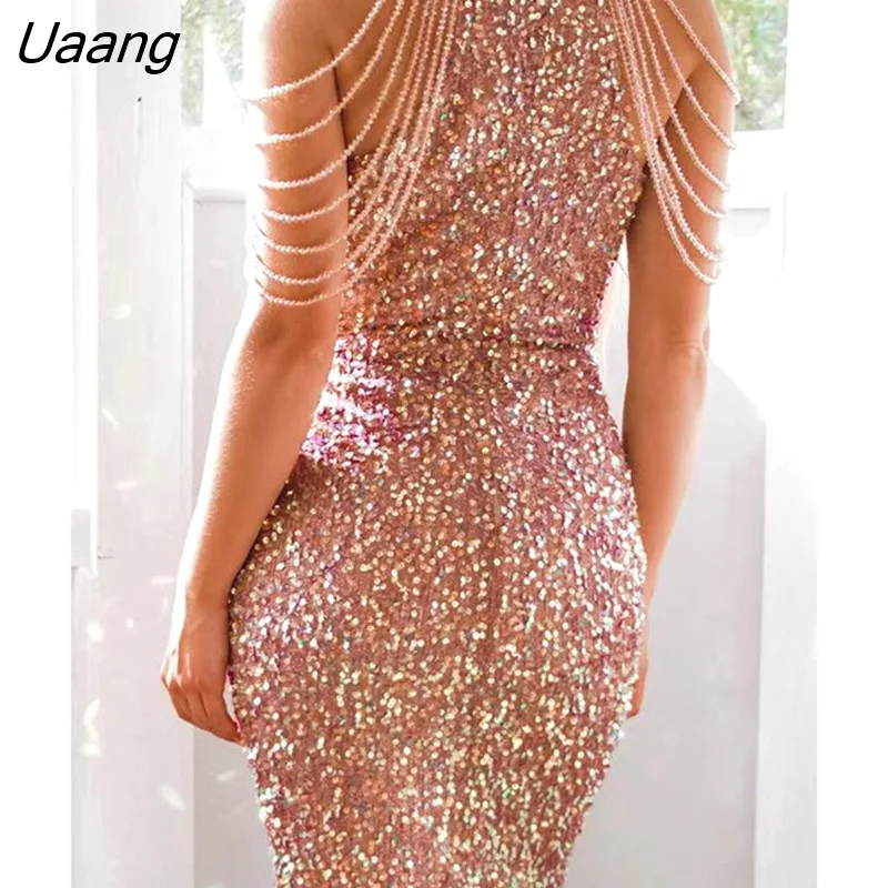 Uaang Women Sexy Slim Fit Sequined Beaded Decor A-Line Dress
