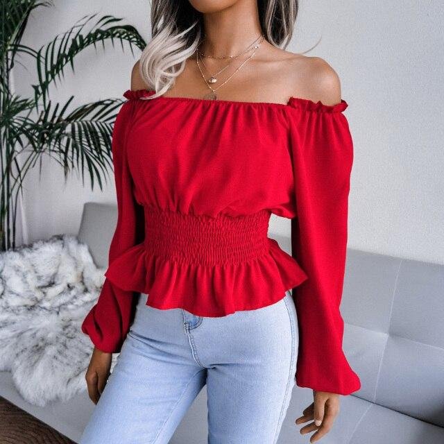 Solid Color Tops Fashion Women Ladies Long Sleeve Off Shoulder Sexy Shirt New Chiffon Blouses Female T-shirt Ladies Office - Shop Trendy Women's Fashion | TeeYours