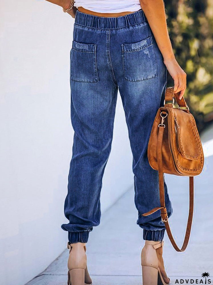 Women's Jeans Elastic Waist Drawstring Ripped Harem Jeans
