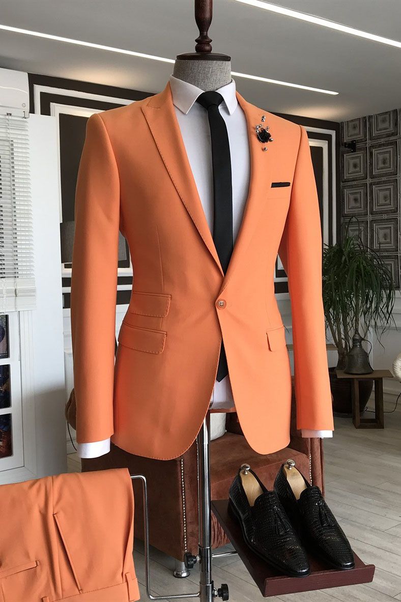 Oknass Shining Orange 3 Flaps Homecoming Suit For Guys With Peaked Lapel 