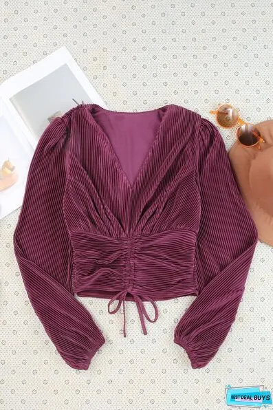 Drawstring V-Neck Balloon Sleeve Blouse