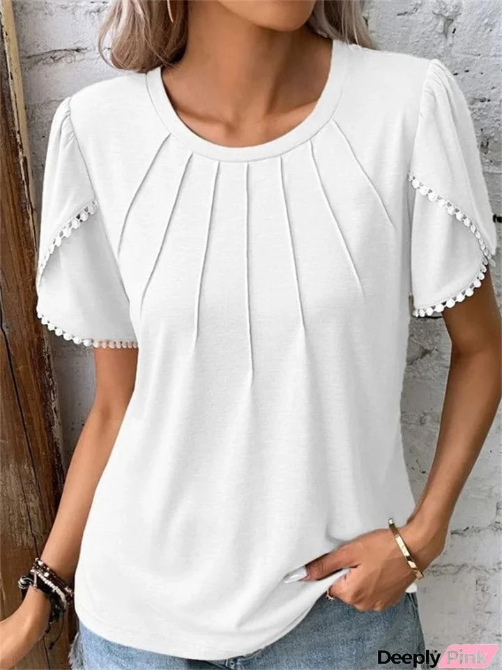 Women's Elegant Crew Neck Ruffled Short Sleeve Summer T-shirt
