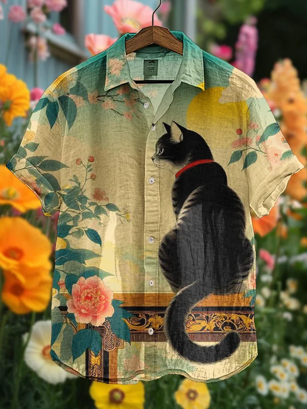 Men's Cat In The Garden Art Printed Casual Shirt