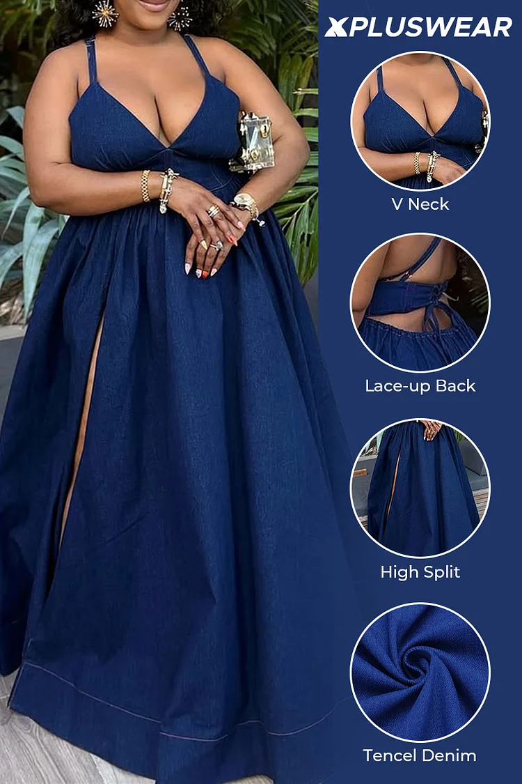 Plus Size Vacation Blue Sundress V Neck Split Backless Tencel Denim Maxi Dresses