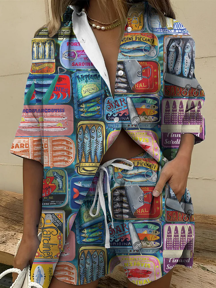 Women's Canned Sardines Art Print Long Sleeve Shirt Shorts Set