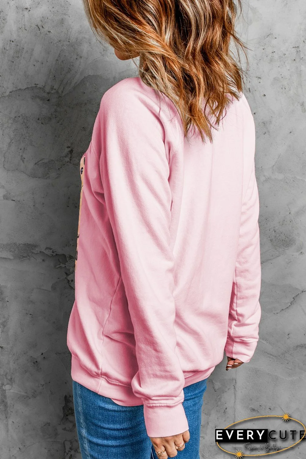 Pink MAMA Leopard Color Block Drop Sleeve Pullover Sweatshirt