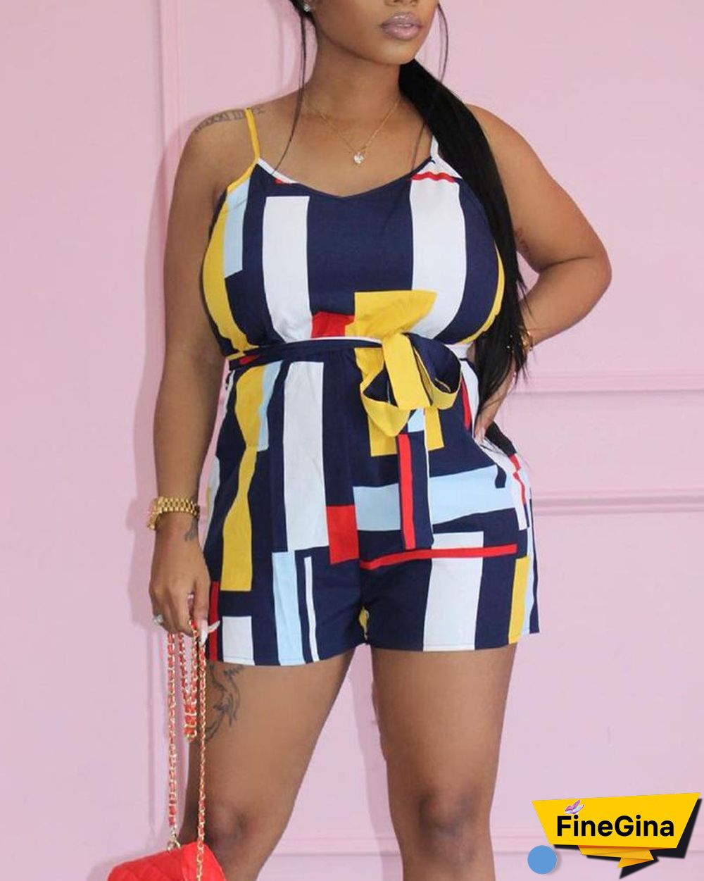 Colorblock Geometric Print Tie Front Romper