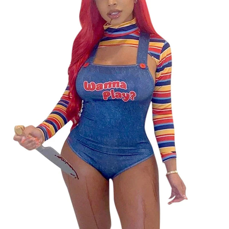 Xingqing Halloween Costumes for Women Scary Nightmare Killer Doll Wanna Play Movie Character Bodysuit Chucky Doll Costume Set