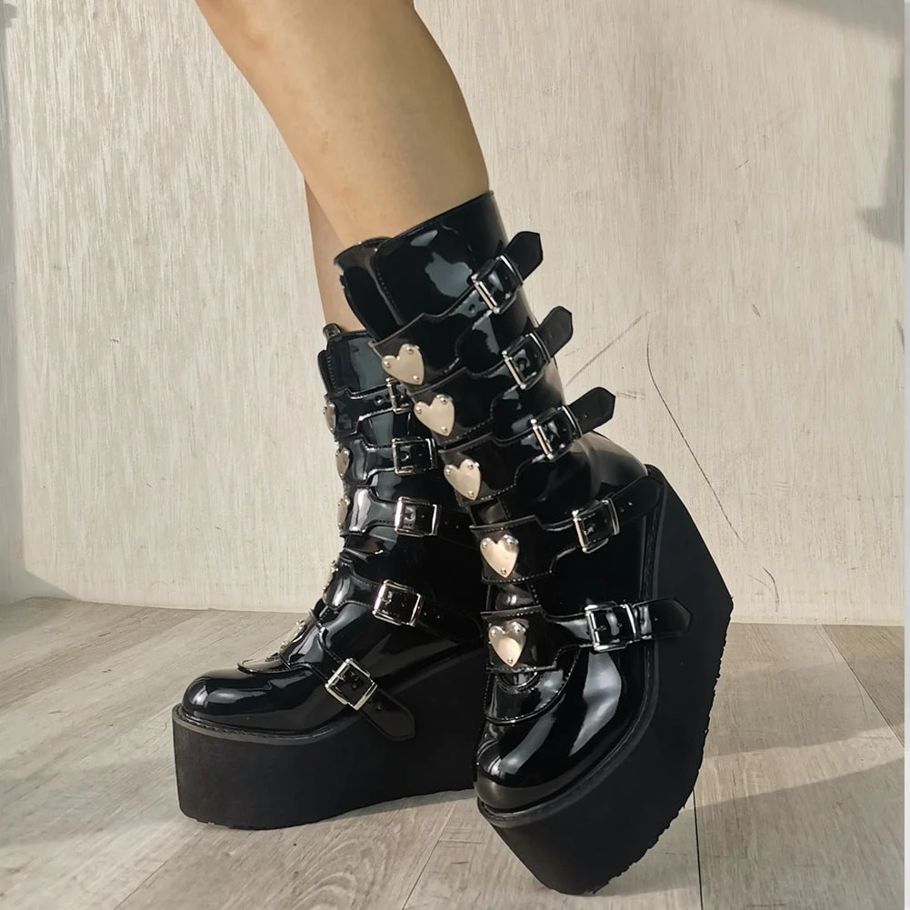 BONJOMARISA Brand Goth Love Heart Buckle Punk Wedges Platforms Women Boots Zipper Black Cosplay Cool Street Autumn Ladies Shoes