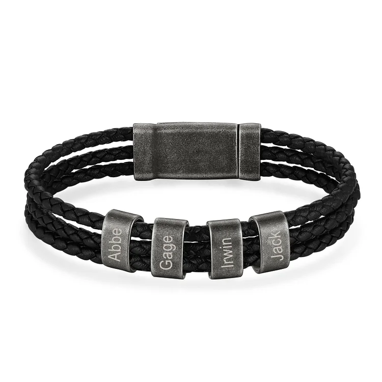 Personalized Men Leather Braided Bracelet Engraved 4 Names Three Layers Bracelet Vintage Gift For Him