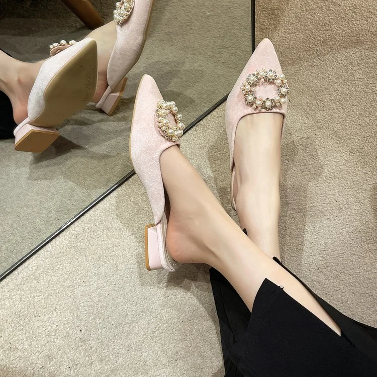 Wongn Wongn 2024 New Women's Shoes Korean Diamond Round Buckle Head Half Pointed Tip Low Heel Sandals Large Size