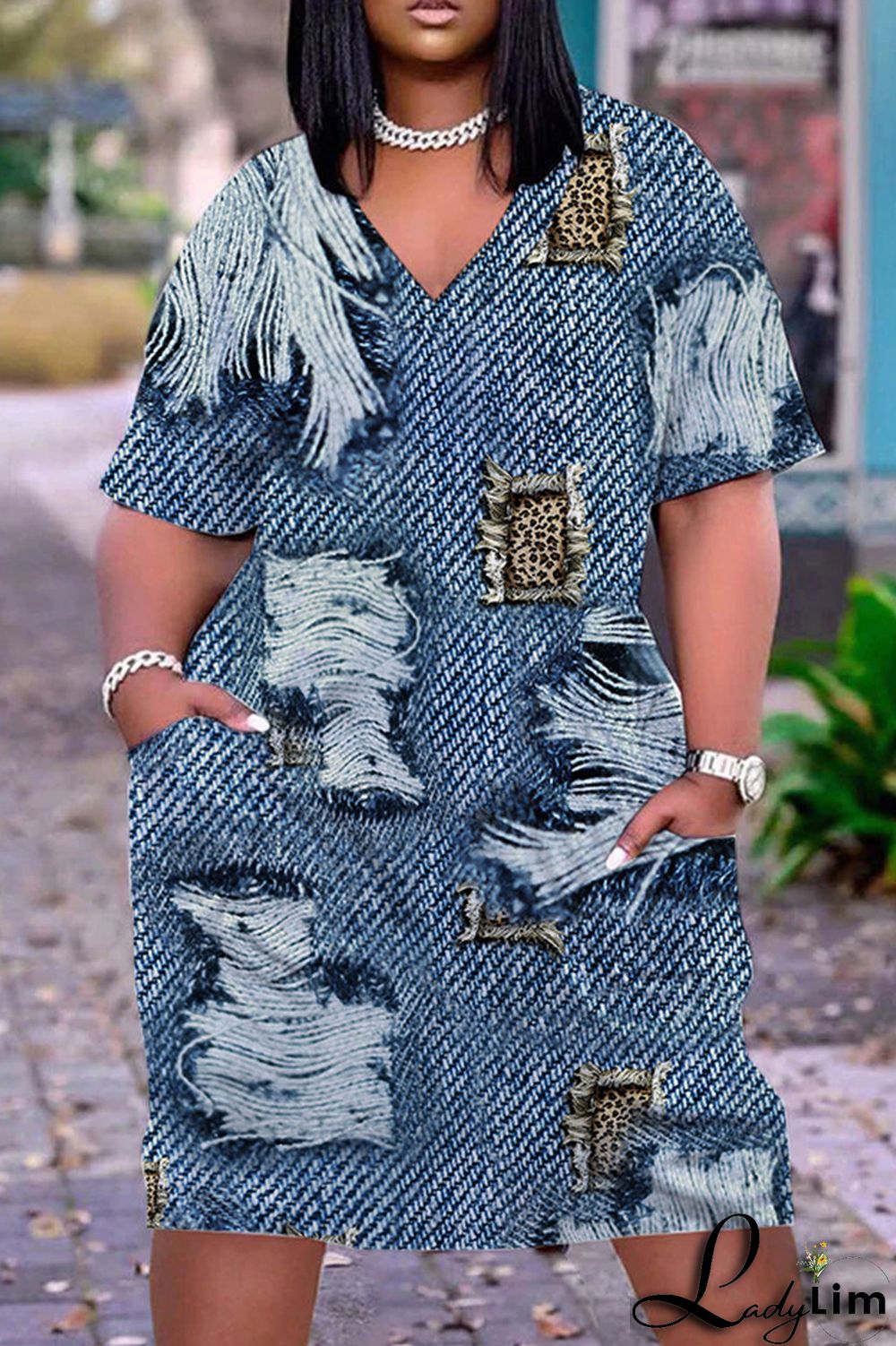 Orange Green Casual Print Patchwork V Neck Short Sleeve Dress