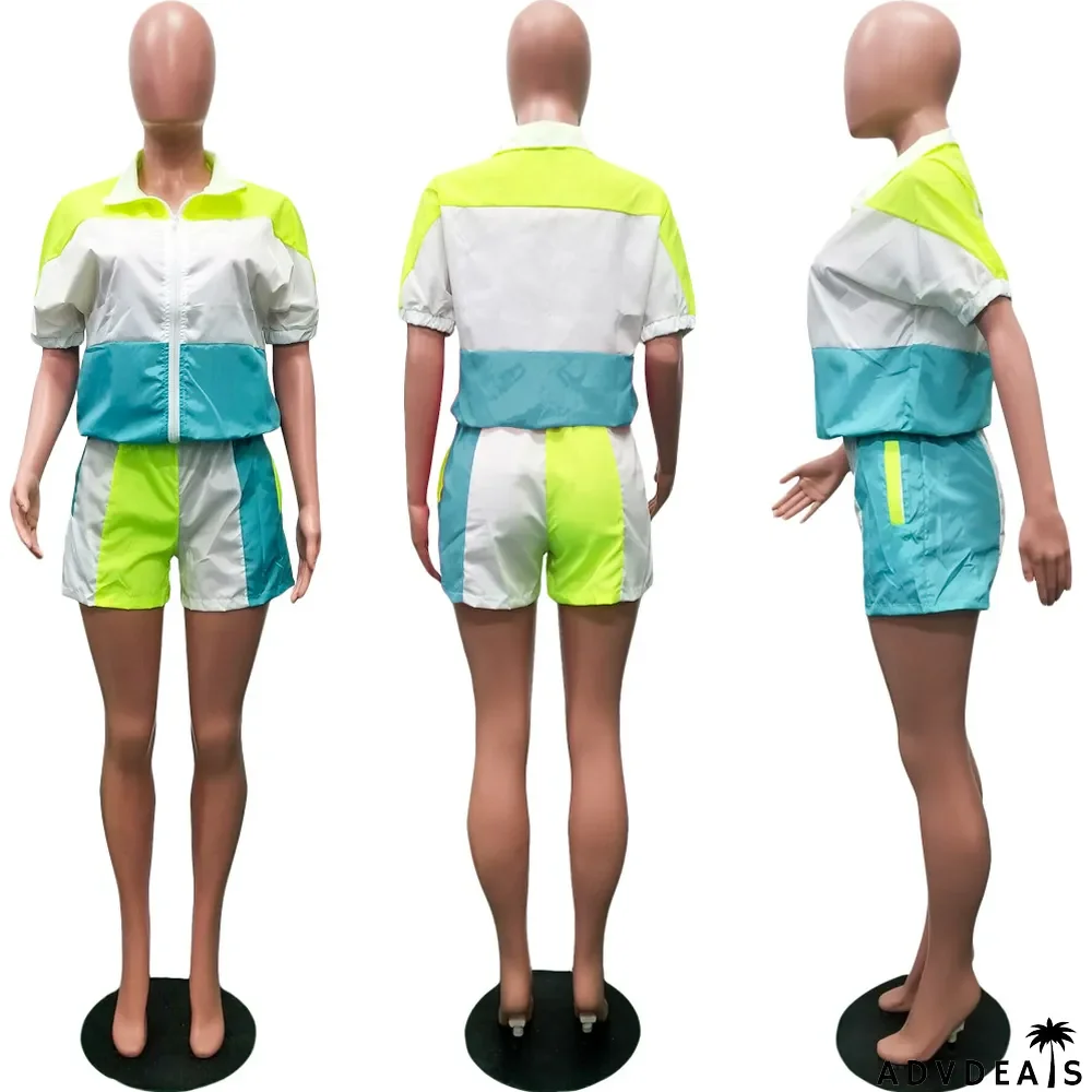 Turndown Collar Casual Sports Contrast Patchwork Half-Sleeve + Shorts Suit Women