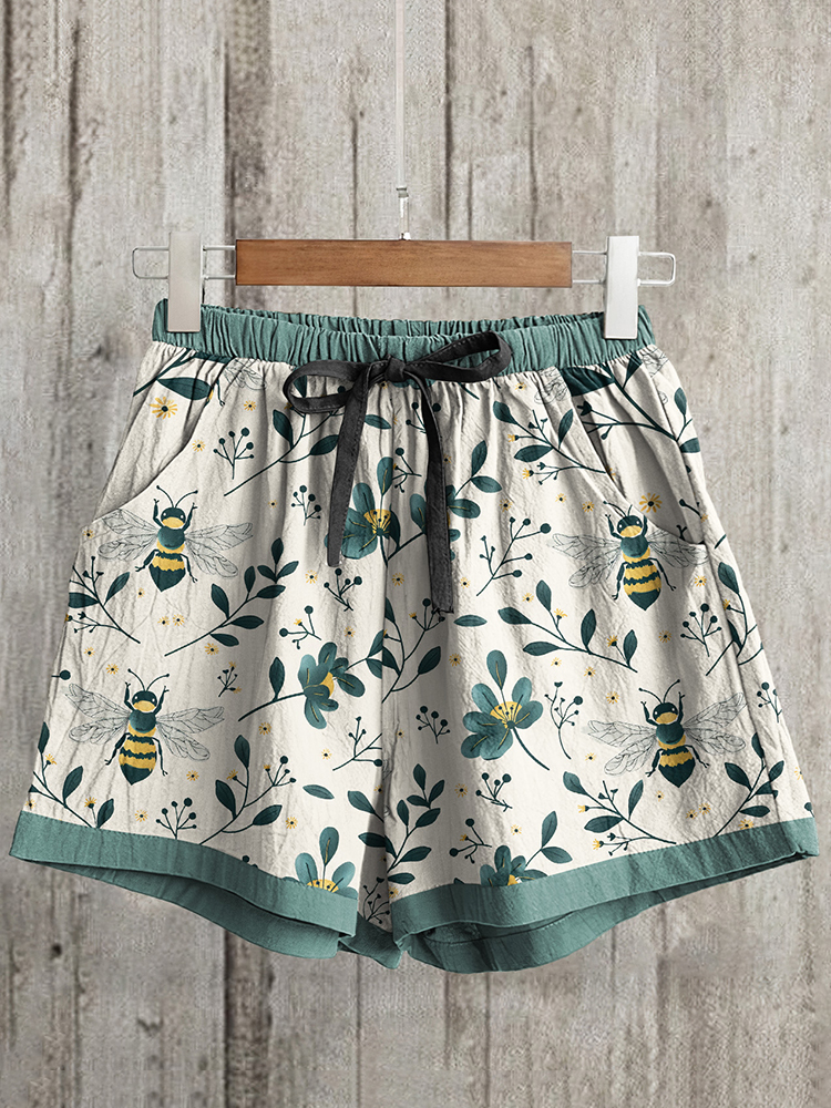 Comstylish Bee In Flowers Art Print Casual Shorts