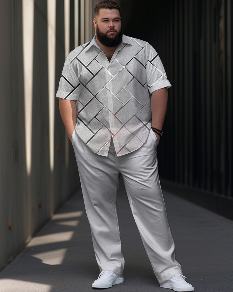 Rectangular Irregular Puzzle Printed Large Men's Short Sleeved Shirt Set