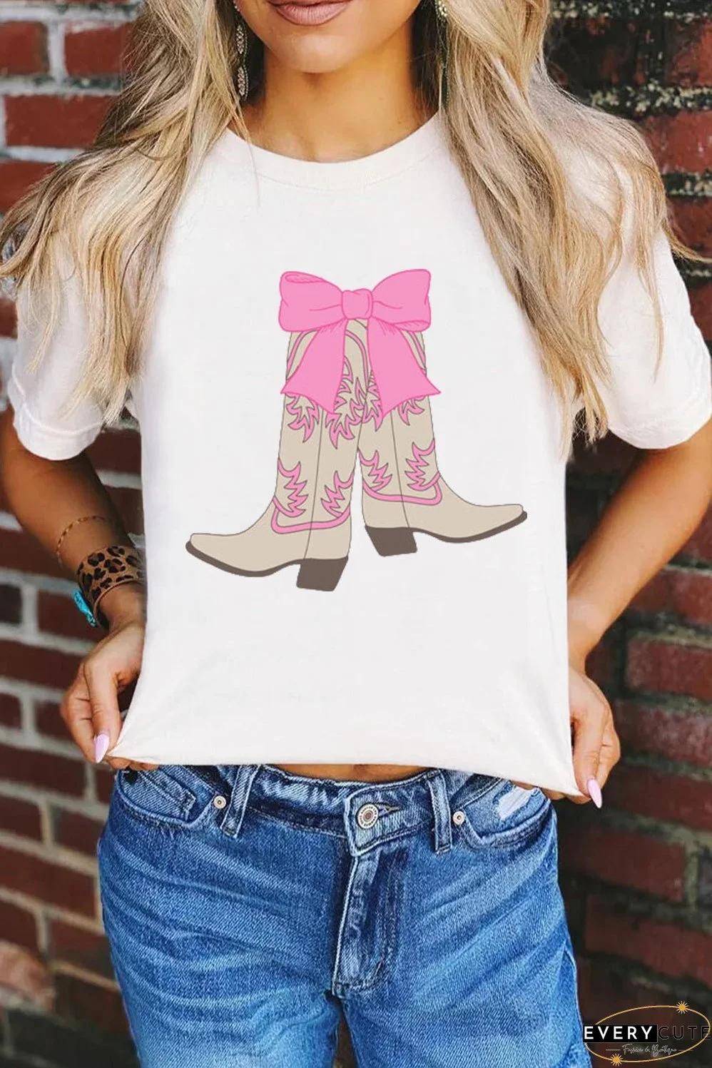 White Western Boots Bow Print Round Neck T Shirt
