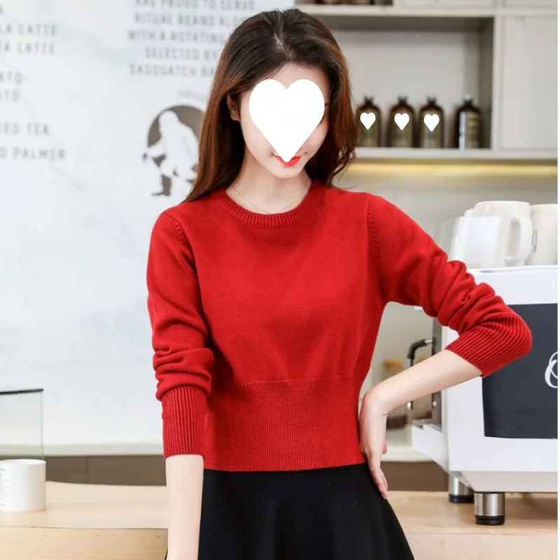 Uveng Uveng Autumn And Winter High-Waisted Short Round Neck Long Sleeves Knitted Waist Small Man Short Shirt Woman