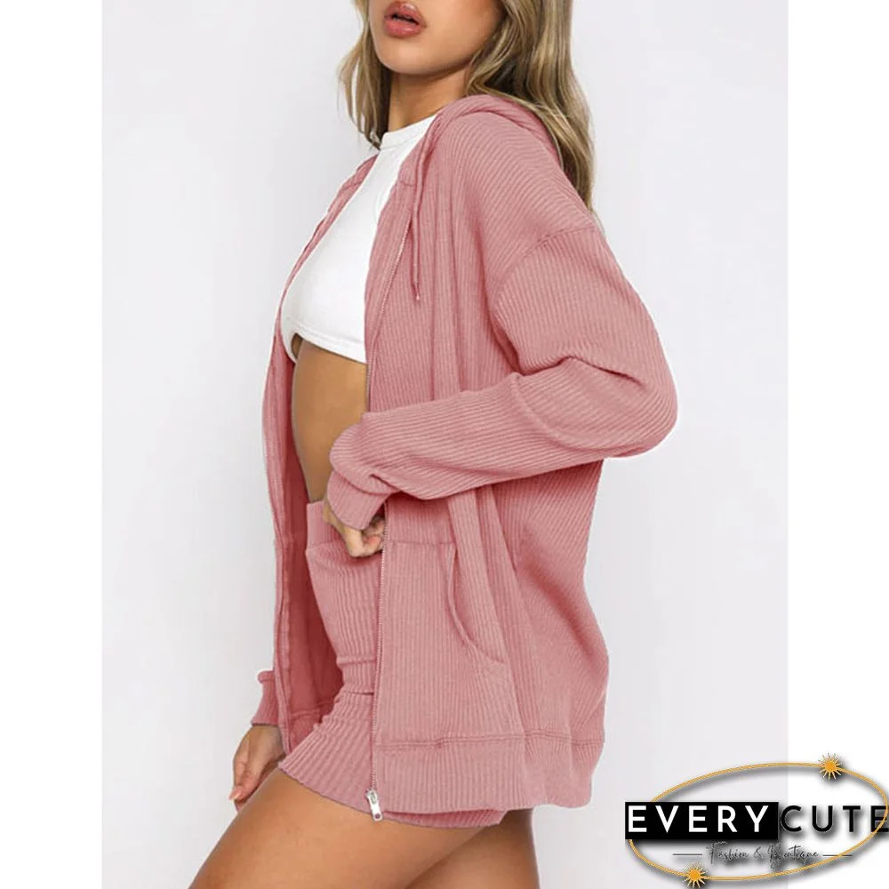 Pink Ribbed Zipper Hoodie with Shorts Lounge Set