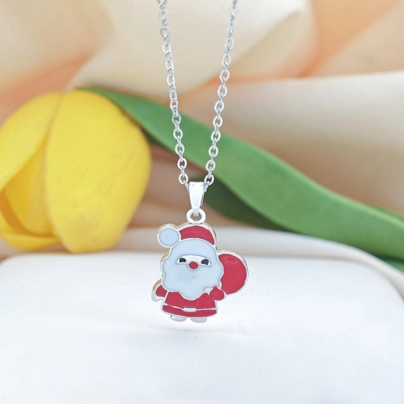 Titanium Steel Copper Cable Chain Enamel Inlay Christmas Hat Santa Claus Christmas Socks Pearl Zircon Pendant Necklace