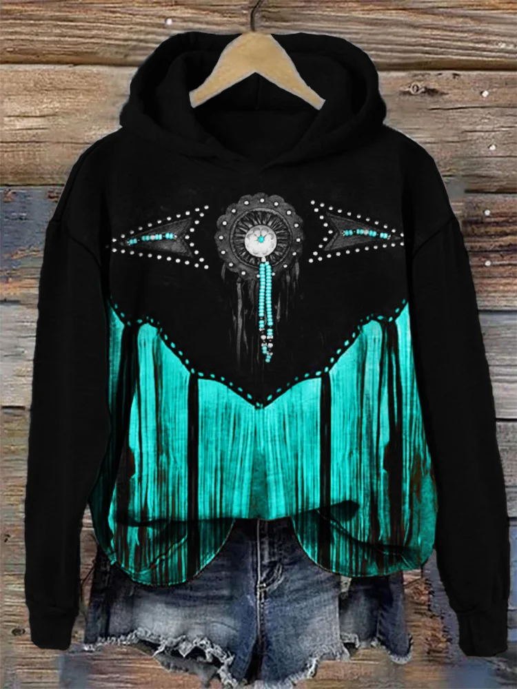 Western Turquoise Leather Art Contrast Color Hoodie