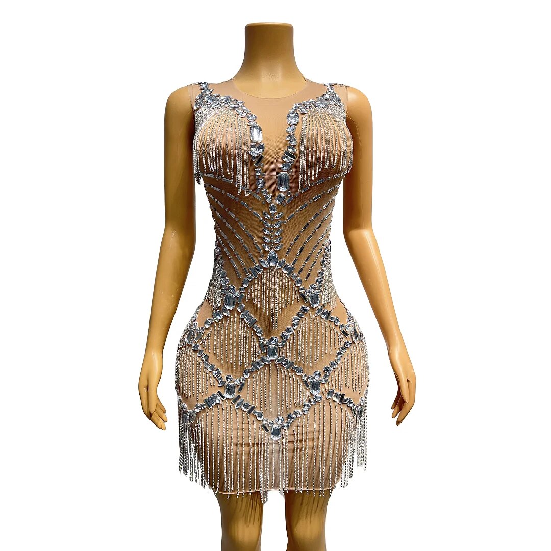 VCSHOES Silver Crystals Fringes Rhinestones Dress Transparent Costume Birthday Prom Celebrate Outfit Bar Evening Dancer Yinsha