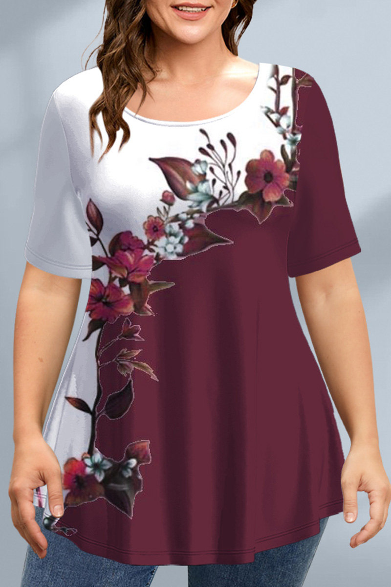 Flycurvy Plus Size Casual Burgundy Floral Print Colorblock T-Shirt