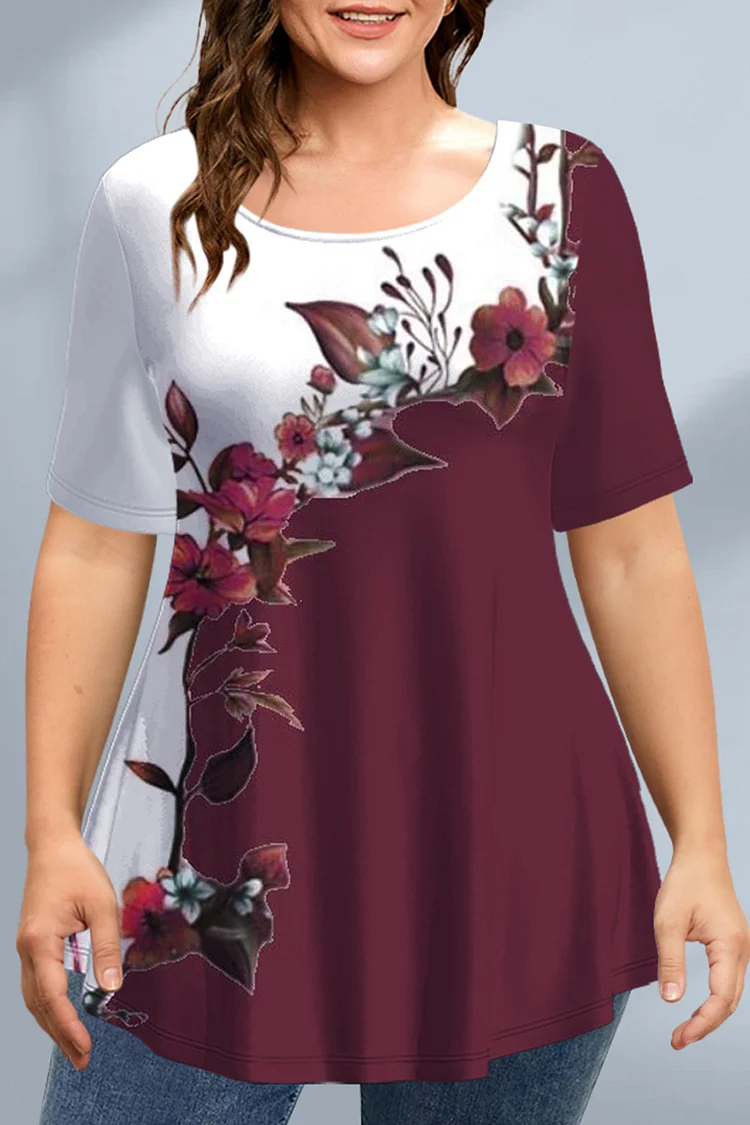 Flycurvy Plus Size Casual Burgundy Floral Print Colorblock T-Shirt  Flycurvy [product_label]