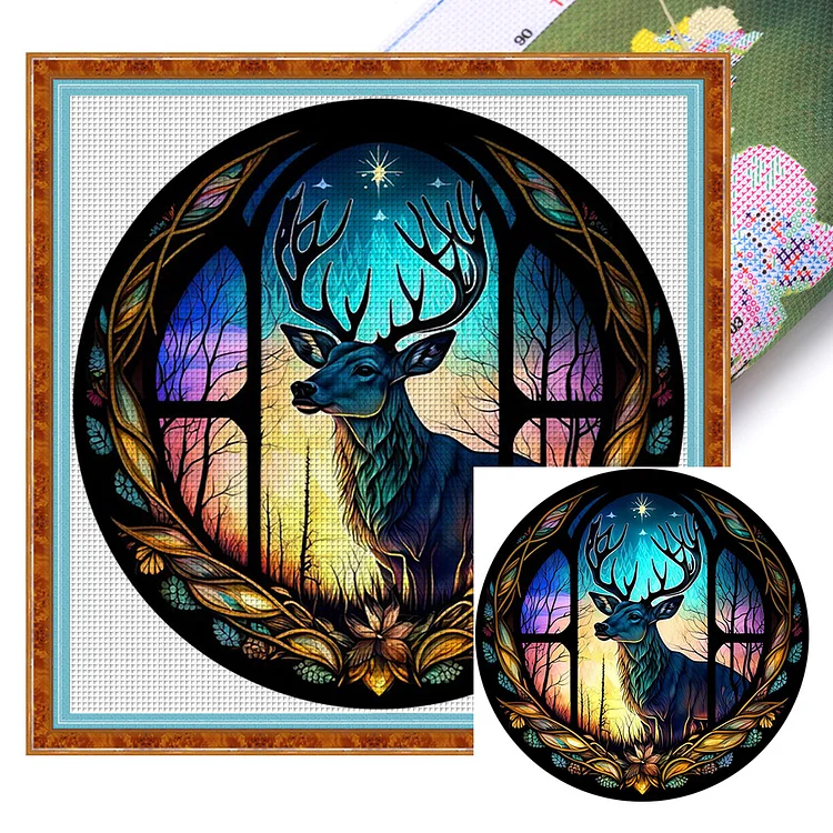 【Huacan Brand】Glass Art- Deer 11CT Stamped Cross Stitch 40*40CM