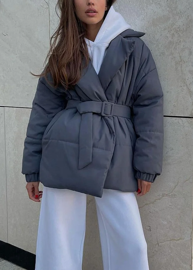 Fashion Grey Peter Pan Collar Tie Waist Fine Cotton Filled Coat Winter