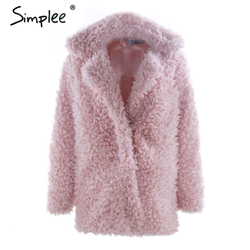 Simplee Warm winter faux fur coat women Fashion streetwear solid long coat female 2018 new Pink casual autumn coat outerwear