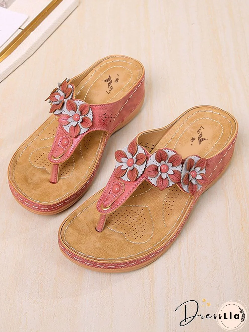 Casual Floral Lightweight Soft Sole Comfortable Mid Heel Wedge Flip-flops