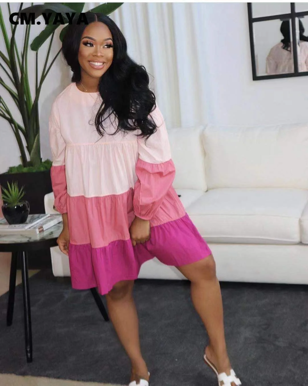 CM.YAYA Women Midi Dress Patchwork Full Sleeve O-neck Loose Knee Length Dresses Fashion Casual Streetwear Summer Vestidos Outfit