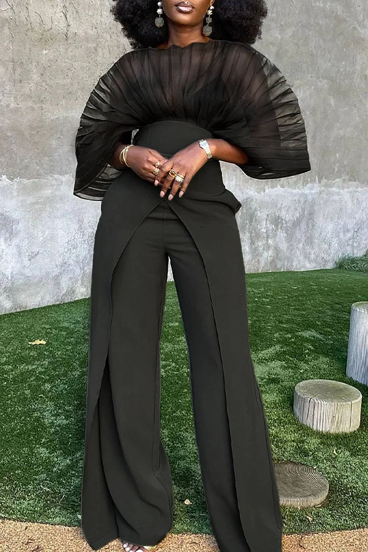 Plus Size Black Semi Formal Mesh Tulle See-through Puff Sleeve Two Piece Pant Sets 
