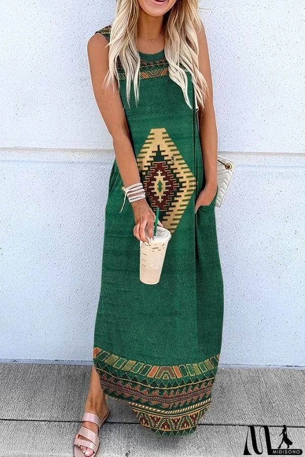 Merced Ethnic Geometric Hippie Print Pocketed Knit Maxi Dress