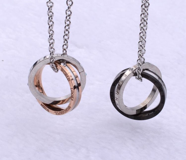 Titanium Steel Diamond Double Ring Ring Couple Pendant Necklace