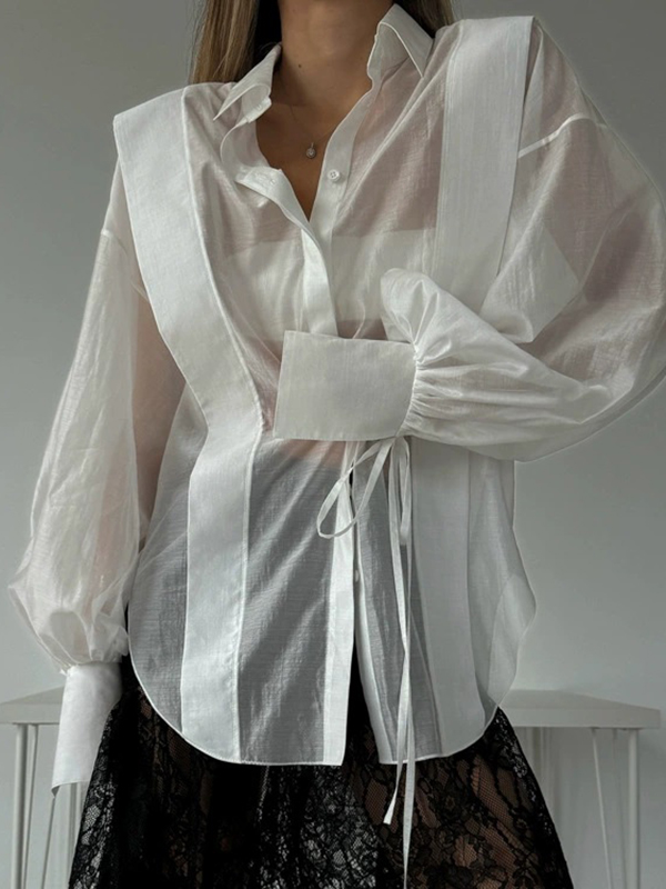 Sheer Lapel Lantern Sleeve Shirt