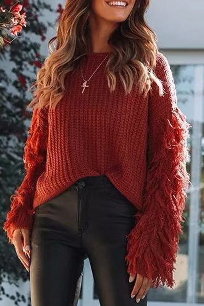 Casual Solid Tassel O Neck Sweaters(4 Colors)