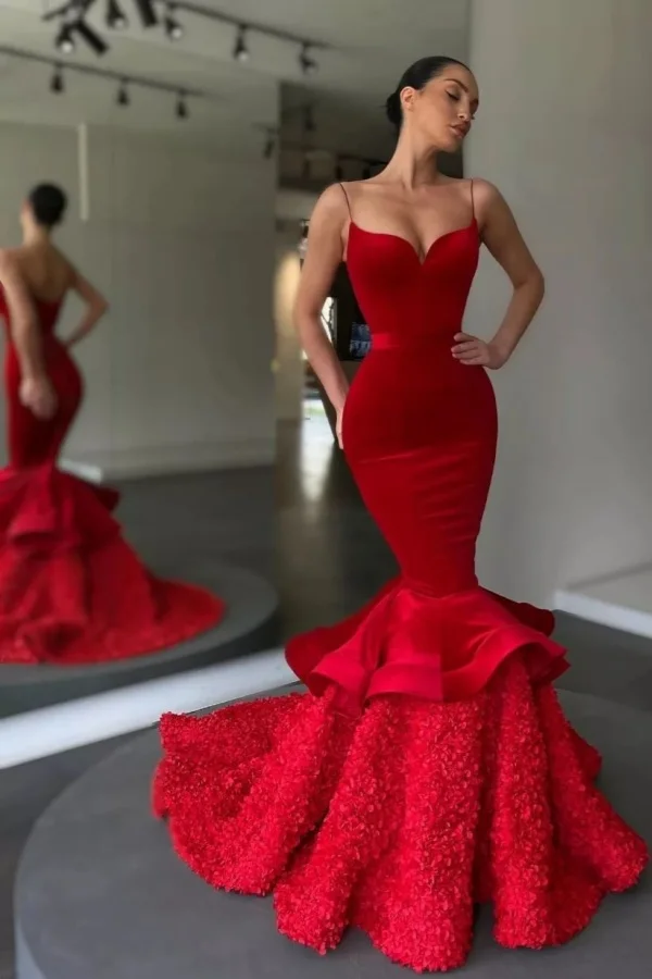 Lisliy Red Spaghetti Straps Charming Mermaid Velvet Prom Dress 