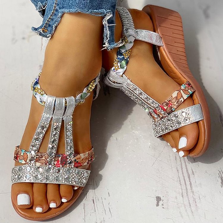 Gioiacombo™ sandali cunei di strass moda T-strap stile Boho