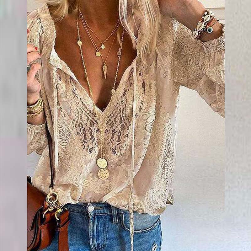 Sexy Deep V Neck Lace Boho Blouse Elegant Long Sleeve Patchwork Women Shirts 2021 Spring Summer Embroidery Hollow Out Tops Mujer
