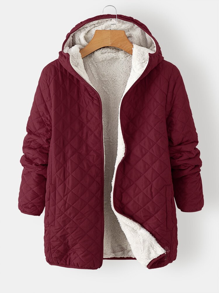 Solid Plush Zip Front Pocket Hooded Long Sleeve Coat - Shop Trendy Women's Fashion | TeeYours